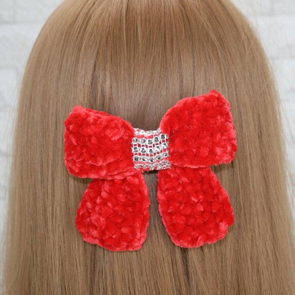 Hand Crafted Accessories - HAND CRAFTED Crochet Bow Chenille Velvet Hair Barrette Oversized Bling Red
